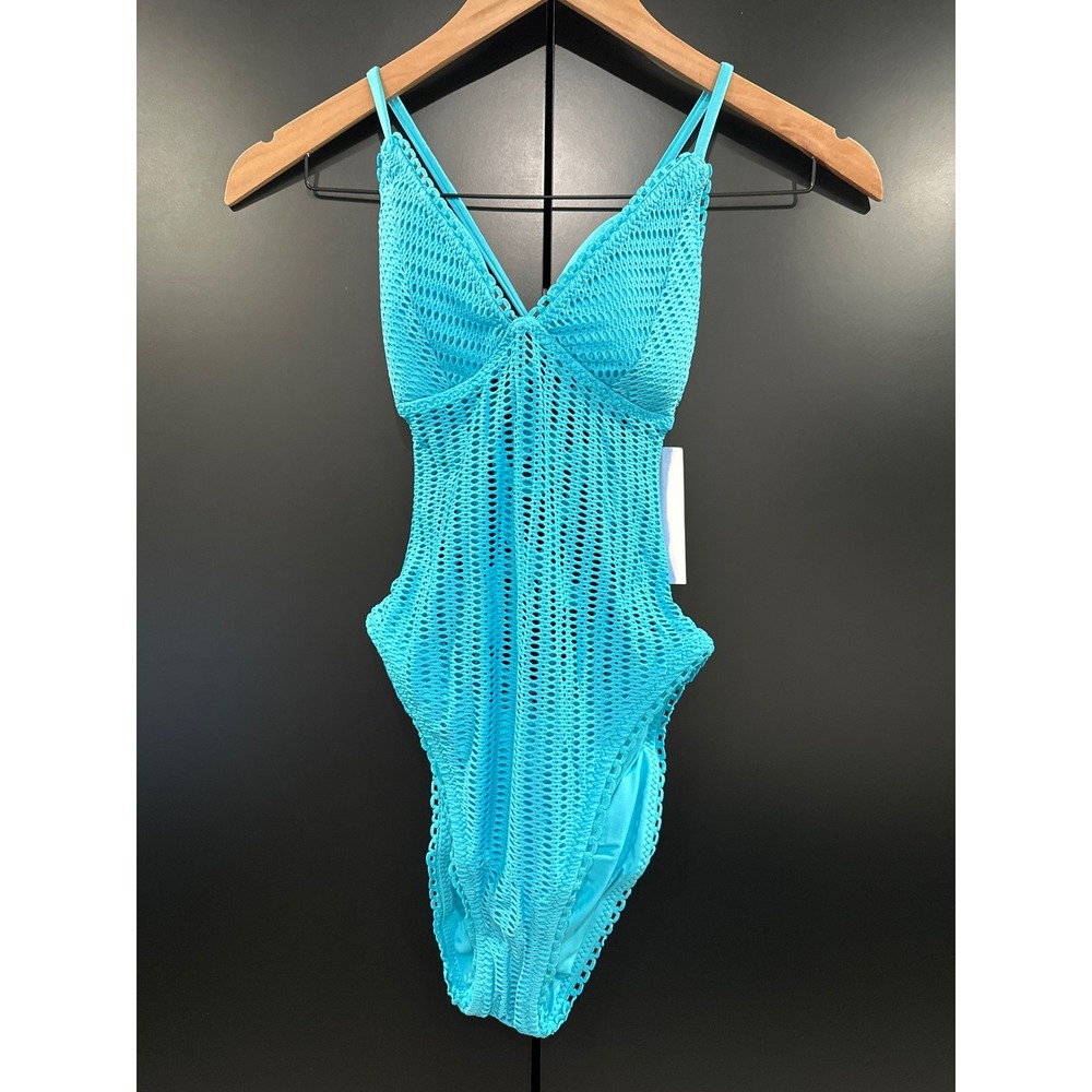 Isabella Rose Aqua Crochet Mesh Lace Up One Piece Swimsuit AQM 085683MR Small - Picture 2 of 6